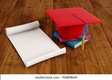 Mortarboard and empty paper scroll placed on wooden surface. Graduation ceremony concept. Mock up, 3D Rendering  - Powered by Shutterstock