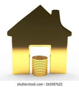 Mortgage concept. House made from gold and coins isolated on white background