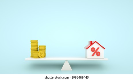 Mortgage Concept Idea. Balancing Of Coin Stacks And House Model With Percent Sign On The Small Seesaw. 3d Illustration.