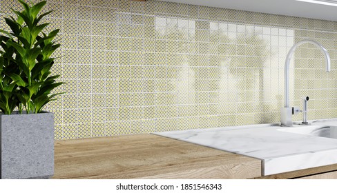 Mosaic Backsplash In Kitchen. 3d Rendering