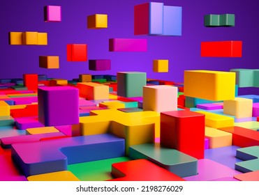 Mosaic Of Colorful Shapes. Abstract Construction  Blocks Tetris Shapes. Geometric Shapes. Concept Of Creative, Logical Thinking 3D Image