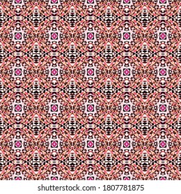 Mosaic Ethnic  Art. Orange, Red, Pink Rug. Cherokee, American, Navajo Seamless Pattern. Folklore Old Native Watercolor. Natural Geometrical Home Decor.