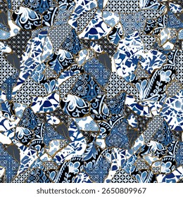 A mosaic pattern of blue and white tiles creates a decorative textured background