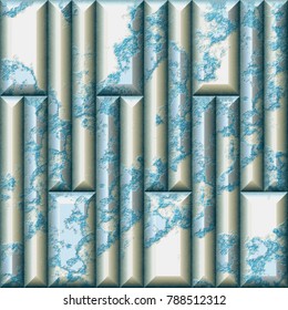 Mosaic relief seamless pattern of rectangular cracked tiles. Blue, white and silver weathered 3d background. 3d rendering