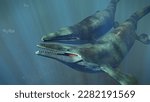 Mosasaurus couple, majestic marine reptiles swimming together in the Cretaceous ocean, 3d paleoart rendering
