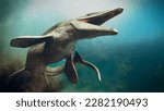 Mosasaurus, gigantic marine reptile swimming in the Cretaceous ocean, 3d paleoart rendering
