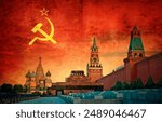 The Moscow Kremlin against the background of the USSR flag. Symbol of socialism, communism and the Soviet Union. Empire of evil. Historical collage.