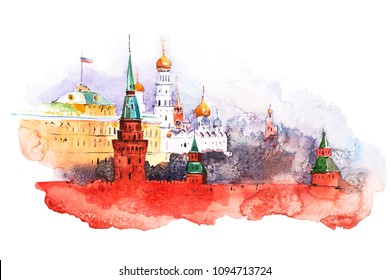 Moscow Kremlin. Russia Red Square Watercolor Paintings