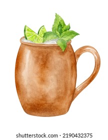 Moscow Mule Cocktail Watercolor Hand Drawn Illustration. Drink Clipart On White Background. 