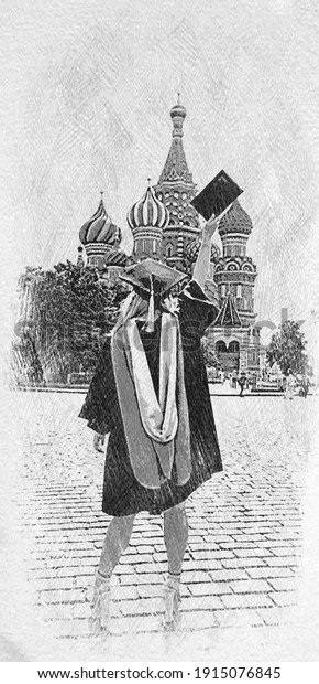 MOSCOW,\
RUSSIA- Feb 8 2020: A black and white rough sketch filter photo of\
a girl wearing graduation robes and holding her degree for 2020\
graduation in front of St. Basil\'s\
Cathedral.