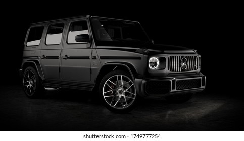 Moscow, Russia June, 2020: Mercedes-Benz AMG G 63 Exclusive Edition at black background, G-class off-road car. 3d render
