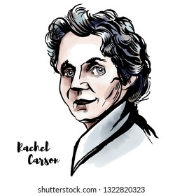 MOSCOW, RUSSIA - MARCH 14, 2018: Rachel Louise Carson Watercolor Portrait With Ink Contours. American Marine Biologist, Environmentalist And Book Author.