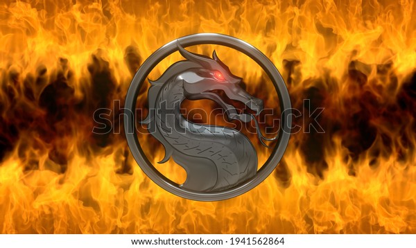 Moscow, Russia - March 20 2021: Mortal Kombat.\
Dragon logo of old metal, red glowing eye in round ring. Dirty\
stone wall, orange glow fire. Movie Premiere - \