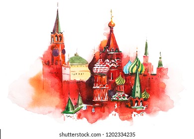 Moscow Russia Red square Saint Basil Cathedral Watercolor