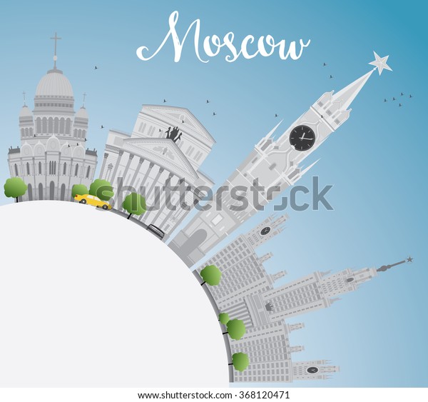 Moscow\
Skyline with Gray Landmarks, Blue Sky and Copy Space. Business\
Travel and Tourism Concept with Historic Buildings. Image for\
Presentation, Banner, Placard and Web\
Site.