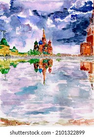 Moscow  St  Basil's Cathedral  Kremlin reflection  Watercolor drawing 