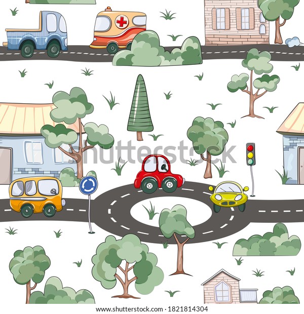 Moscow/Russia-09252020 Seamless pattern with\
classic vintage cars, trees, roads on white background. Design for\
use in textiles, fabrics, wrapping paper, wallpaper, packaging.\
Cute kids\
illustration