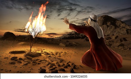 Mojžíš a hořící keř. Příběh knihy exodu v Bibli. Keř byl v ohni, ale nebyl pohlcen plameny. 3D ilustrace.