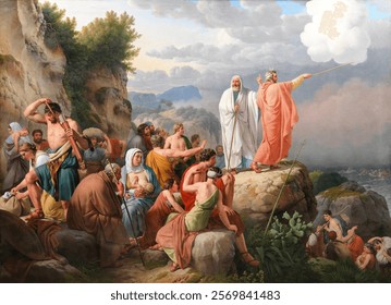 Moses causes the Red Sea to return and Pharaoh's army is flooded by C.W. Eckersberg. Religious vintage artwork image. Vintage religion art drawing illustration, old Christian painting art print.
