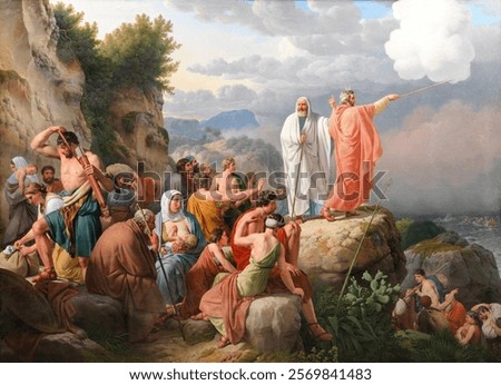 Moses causes the Red Sea to return and Pharaoh's army is flooded by C.W. Eckersberg. Religious vintage artwork image. Vintage religion art drawing illustration, old Christian painting art print.