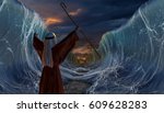 Moses Exodus Route. Crossing the red sea. Part of biblical narrative - escape Israelites. Big waves as open ocean under the dramatic sky. 3D render illustration.