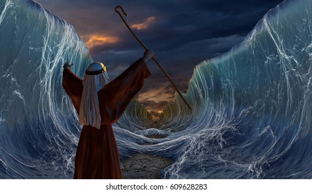Cesta Mojžíše Exodus. Překračování Rudého moře. Součást biblického vyprávění - útěk Izraelitům. Velké vlny jako otevřený oceán pod dramatickou oblohou. 3D rendrování ilustrace.