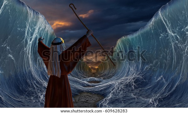 Moses Exodus Route. Crossing the red sea. Part of biblical narrative - Big waves as open ocean open. 3D render Wall Mural
