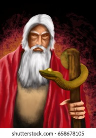 Moses Looking At The Staff Of God Transforming into a Serpent Snake Artwork Painting Illustration 
