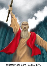 Moses Parting The Red Sea Biblical Artwork Painting Illustration 