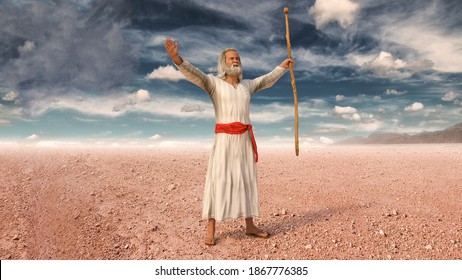 Moses Raising His Arms And Prays To God During The Exodus Of Jews From Egypt, 3d Render.