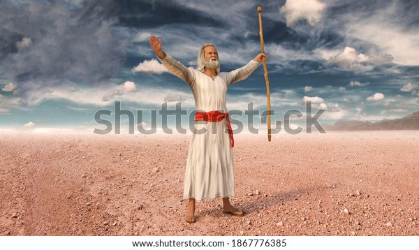 Moses raising his arms and prays to God during the Exodus of Jews from Egypt, 3d render.
