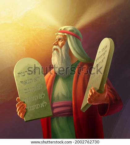 Moses and the Ten Commandments (written on the tablets in Hebrew)