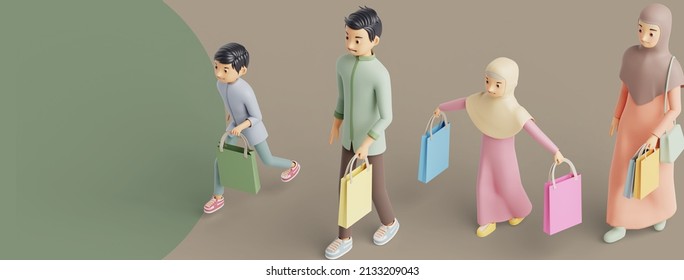 Moslem Family Shopping, Ramadan, 3d Illustration