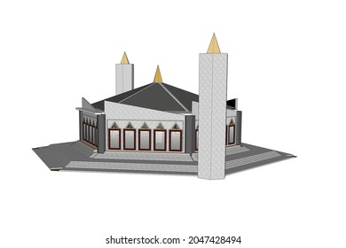 Mosque Construction 3d Model. Concept Illustration Of An Architect's Drawing For An Islamic Building.