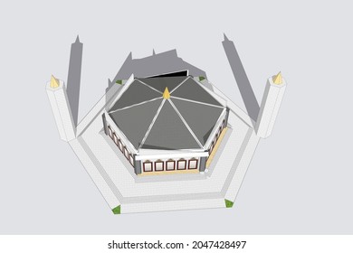 Mosque Construction 3d Model. Concept Illustration Of An Architect's Drawing For An Islamic Building.