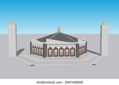 Mosque Construction 3d Model. Concept Illustration Of An Architect's Drawing For An Islamic Building.