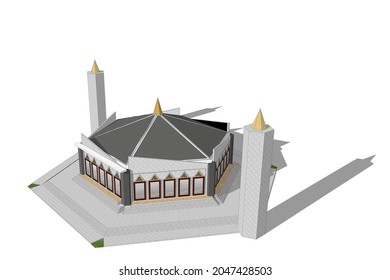 Mosque Construction 3d Model. Concept Illustration Of An Architect's Drawing For An Islamic Building.