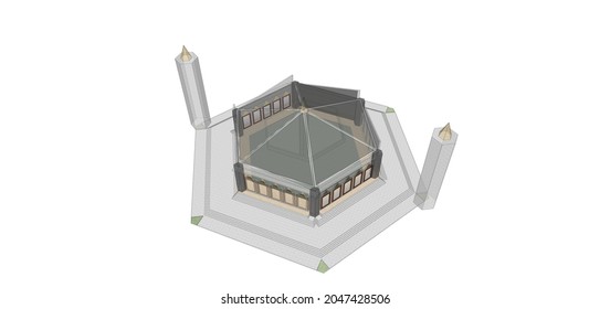 Mosque Construction 3d Model. Concept Illustration Of An Architect's Drawing For An Islamic Building.