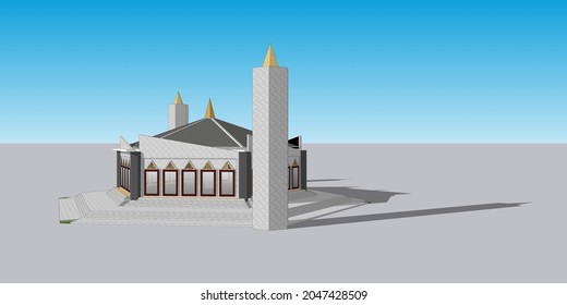 Mosque Construction 3d Model. Concept Illustration Of An Architect's Drawing For An Islamic Building.