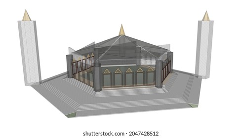 Mosque Construction 3d Model. Concept Illustration Of An Architect's Drawing For An Islamic Building.