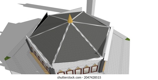 Mosque Construction 3d Model. Concept Illustration Of An Architect's Drawing For An Islamic Building.