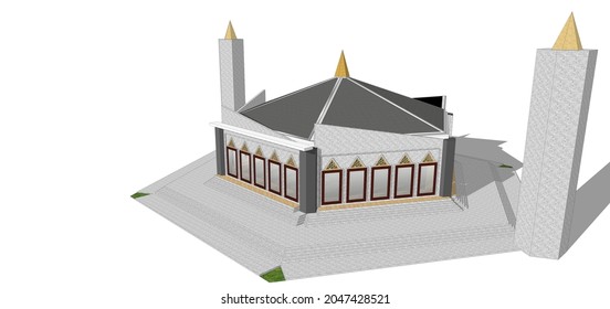 Mosque Construction 3d Model. Concept Illustration Of An Architect's Drawing For An Islamic Building.