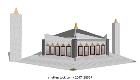 Mosque Construction 3d Model. Concept Illustration Of An Architect's Drawing For An Islamic Building.