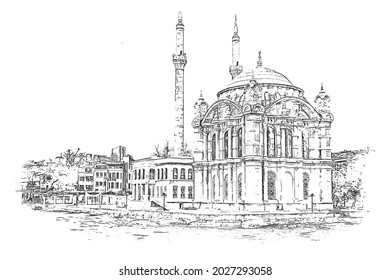 Ortaköy Mosque (Grand Imperial Mosque Of Sultan Abdülmecid) In Beşiktaş, Istanbul, Turkey, Is Situated At The Waterside Of The Ortaköy Pier Square, Ink Sketch Illustration.