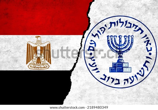 Mossad and Egypt flags\
on a wall with a crack. Egypt and Mossad flag together. Mossad\
Egypt alliance, politics, economy, trade, relationship and\
conflicts concept