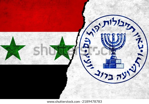 Mossad and Syria flags\
on a wall with a crack. Syria and Mossad flag together. Mossad\
Syria alliance, politics, economy, trade, relationship and\
conflicts concept