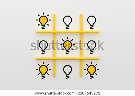 The most creative and winning idea. Creativity and solution in business or education. XO or tic tac toe game with light bulb idea symbols. 3D render.