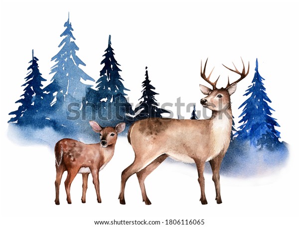 Mother and baby. Forest animals. Cute
deers. Forest landscape.  Watercolor
illustration.
