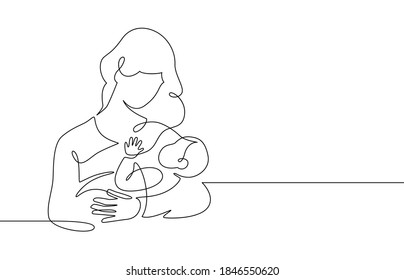 Mother   baby line  Mom hugs child  Motherhood   newborn concept  Happy woman holds toddler continuous one line  illustration  Parent loving kid  happy mother day design for card