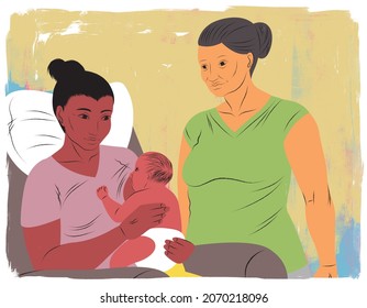 Mother breastfeeding baby with older woman nearby offering support
